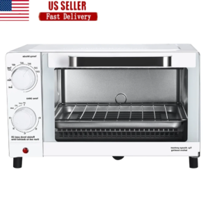 4 Slice Toaster Oven with Baking Rack and Pan Adjustable Timer Perfect Toast Pizza Broil Bake Easy Clean Compact Design