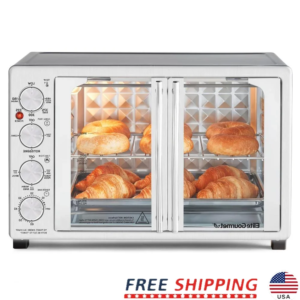 45L Countertop Convection Toaster Oven French Dual Door Rotisserie Adjustable Temperature Timer Bake Roast Broil Toast Stainless