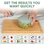 Manual Food Chopper, Garlic Chopper with Container, Vegetable Kitchen Cutter, Pull String Hand Food Processor Sharp Blades