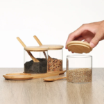 Kitchen Glass Condiment Jar Set Wood Lid with Tray Spoon Clear Seasoning Spice Salt Jar Dust-Proof Coffee Beans Organizer Bottle