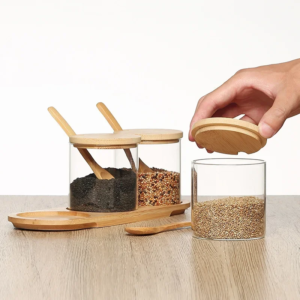 Kitchen Glass Condiment Jar Set Wood Lid with Tray Spoon Clear Seasoning Spice Salt Jar Dust-Proof Coffee Beans Organizer Bottle