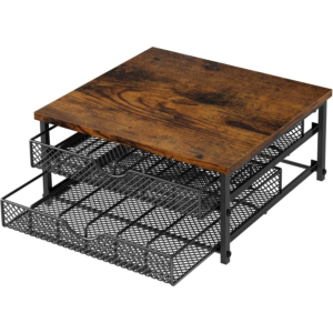 Coffee Pod Organizer 2-Tier 72-Cap | Industrial Brown/Black Drawer w/ Baskets | Space-Saving K-Cup Storage