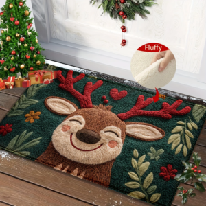 Fluffy Christmas Deer Microfiber Bath Mat - Quick-Dry & Absorbent, Festive Holiday Design with Red Berries & Green Leaves