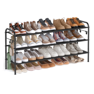 SONGMICS Shoe Rack, 3 Tier Shoe Organizer, Fabric Shoe Shelf Storage with 4 Hooks, Holds up to 18 Pairs of Shoes