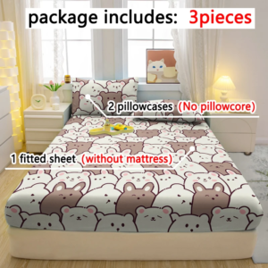 Cartoon fun bear pattern matte three piece fitted sheet set, bedroom printed bed cover set, bedding