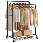 SONGMICS Heavy-Duty Clothes Rack, Double-Rod Clothing Rack for Hanging Clothes, Industrial Garment Rack on Wheels, Metal Frame