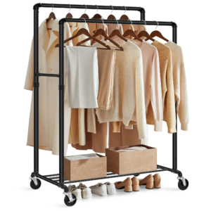 SONGMICS Heavy-Duty Clothes Rack, Double-Rod Clothing Rack for Hanging Clothes, Industrial Garment Rack on Wheels, Metal Frame