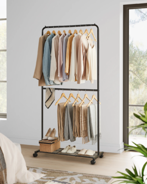 SONGMICS Clothes Rack with Wheels, Double-Rod Clothing Rack for Hanging Clothes
