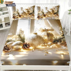 Merry Christmas Gold Ball Printed Coreless Bed Sheet Set Multi Size Bed Cover Soft and Comfortable Bedding Machine Washable