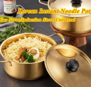 Korean Hot Pot Gold Plated Stainless Steel Ramen Pot With Lid Double Ear Soup Pot
