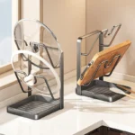 ​Kitchen Pot Lid Rack No Drill Pot Lid Organizer Kitchen Space Saving Countertop Organizer Rack with Drainage Tray Easy to Clean