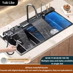 Stainless Steel Waterfall Kitchen Sink Digital Display Multifunctional Kitchen Sinks Large Single Slot Multiple Types of sinks