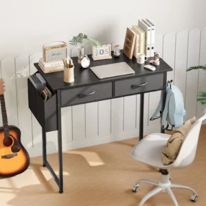 32 Inch Modern Computer Desk with Fabric Storage Drawers Space Side Bag Metal Frame Adjustable Feet For Home PC Table
