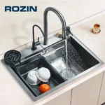 Single Slot Kitchen Sink with Faucet 304 Stainless Steel Large 60x45cm Rainfall 4 Functions Sink with Soap Dispenser, Cup Washer