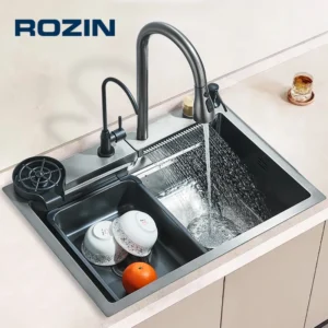 Single Slot Kitchen Sink with Faucet 304 Stainless Steel Large 60x45cm Rainfall 4 Functions Sink with Soap Dispenser, Cup Washer