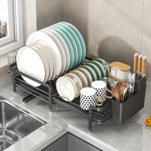 Expandable Dish Drainer Rack with Drain board, Utensil & Cup Holder, Kitchen Counter Dish Drying Rack, Black & White