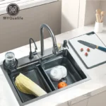 304 Stainless Steel Waterfall Kitchen Sink Large Single Slot Integrated 60X45cm Faucet Set Soap Dispenser/Pure Water/Cup Washer