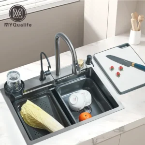 304 Stainless Steel Waterfall Kitchen Sink Large Single Slot Integrated 60X45cm Faucet Set Soap Dispenser/Pure Water/Cup Washer