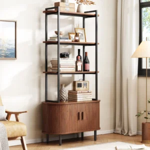 Tall Bookshelf 71 inch, 4-Tier Book Shelf with Storage Cabinet, Modern Bookcase with Sliding Door & Adjustable Footpad