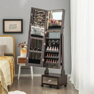 Standing Jewelry Armoire with Wheels, Lockable Jewelry Organizer with Full-Length Mirror, Vanity Mirror, 3-Color LED Lights