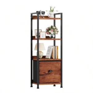 4 Tier Bookshelf With Drawer, Tall Narrow Bookcase Storage Organizer, Wood And Metal Industrial Display Standing Shelf Unit For