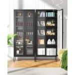 Metal Glass Display Cabinet with 5-Tier Storage Shelves, Tall Curio Cabinets with Glass Doors and Shelves, Black Steel