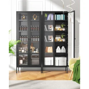 Metal Glass Display Cabinet with 5-Tier Storage Shelves, Tall Curio Cabinets with Glass Doors and Shelves, Black Steel