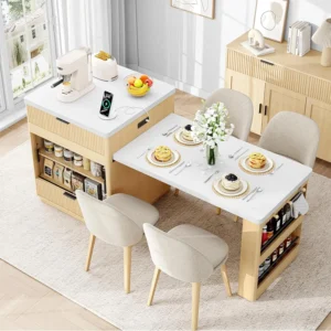 78.7" Kitchen Island with Extendable Dining Table & Storage for 2-6, with Motion-Sensor LED Tempered Glass Cabinet, Charging Sta