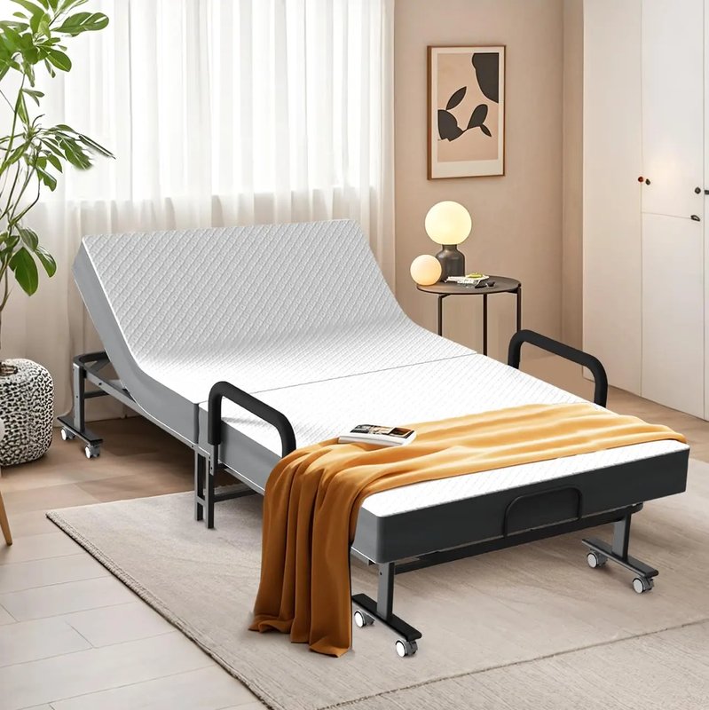Adult Folding Trundle Bed with Mattress 6-Position Adjustable Backrest Metal Frame for Office Guest Customized Sleeping