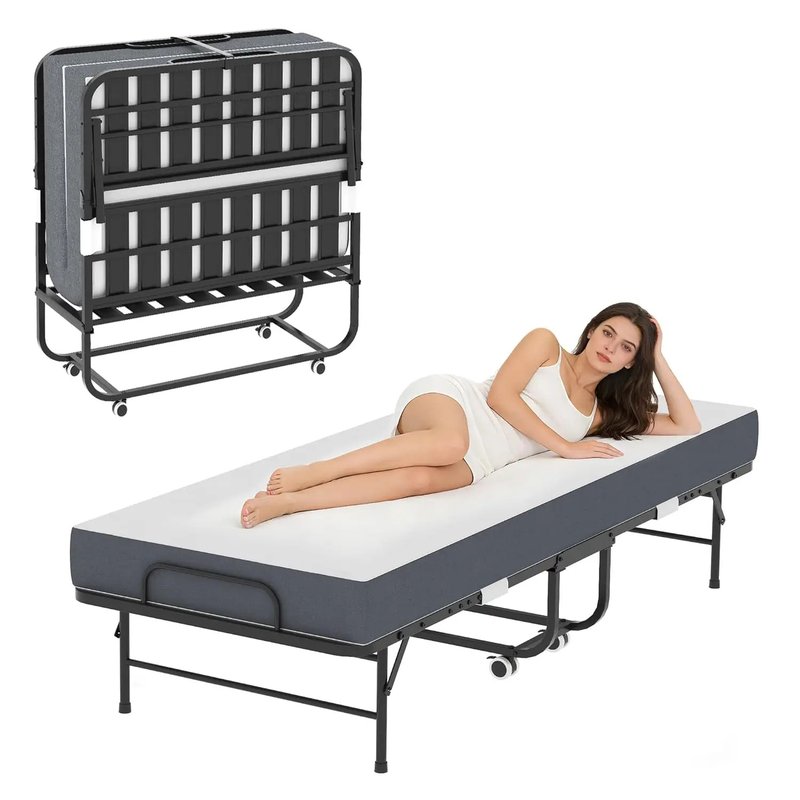 Foldable Roll Away Bed Memory Foam Mattress 75"x38" Portable Storage Wheels Strong Frame Guest Room