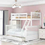 Twin Over Full Bunk Bed with Drawers and Ladder, White, Custom