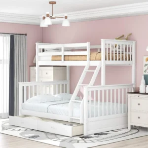 Twin Over Full Bunk Bed with Drawers and Ladder, White, Custom