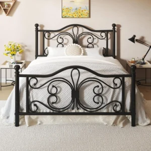 Queen Size Bed Frame/Metal Platform Bed Frame with Butterfly Pattern Design Headboard and Footboard/Strong Metal, Customized