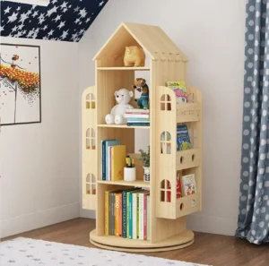360 Degree Rotating Wooden Bookshelf for Kids, Floor Standing Bookcase with Storage Rack and Smooth Rotation