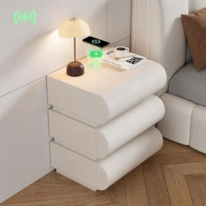 Smart Nightstand with Wireless Charging USB Type-C Ports 3 Drawers Off White Faux Leather Bedroom Bedside Table Customized