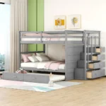 Triple Bunk Bed with Trundle & Storage Stairs,Wooden Full Over Full Bunk Bed Frame with Full-Length Safety, Customized