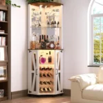 68.9“ Tall Corner Bar Cabinet, Wine Bar with LED Light and Mirror, Farmhouse Liquor Cabinet with Adjustable Shelf. Customized