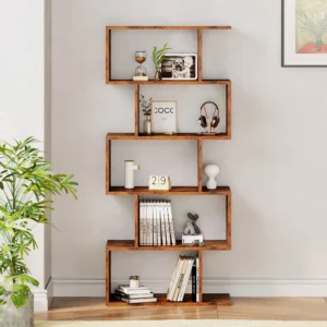 Geometric Bookcase 5 Tier S-Shaped Wooden Display Bookshelf Storage Standing Shelf Stable Frame Graduated Shelves