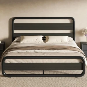 Full Size Metal Bed Frame with Wooden Headboard, Heavy Duty Platform with 10" Under-Bed Storage, Noise Free, Black