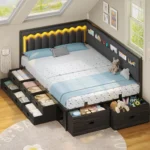Full Corner Bed Frame with 8 Drawers, 6 Storage Pockets, Full Daybed with Storage and RGB Wave Lights, Platform Bed
