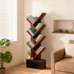 7-Tier Tree Bookshelf with Drawer 43IN Wooden Narrow Slim Corner Bookshelf