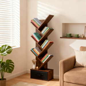 7-Tier Tree Bookshelf with Drawer 43IN Wooden Narrow Slim Corner Bookshelf