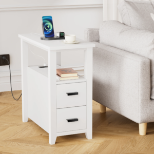 Slim fabric-covered nightstands, narrow-sided tables with charging stations, slim side table and bedside stands for the bedroom