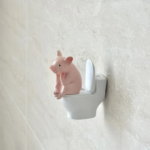 Cute Pig Sitting on Toilet Pvc Bathroom Statue, Tabletop or Wall-Mount Decor