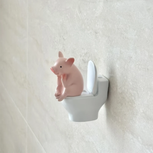 Cute Pig Sitting on Toilet Pvc Bathroom Statue, Tabletop or Wall-Mount Decor