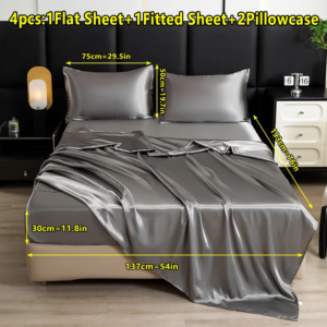 Solid Color Satin Bed Sheet Set Luxurious and Soft 1 Flat Sheet + 1 Fitted Sheet + 2 Pillowcases with a Natural Luster, Skin-Friendly and Breathable Bedding
