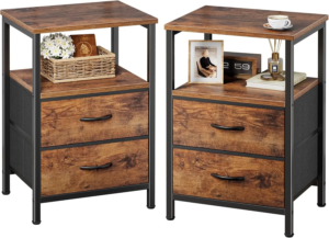 2-Drawer Nightstand Set, Fabric Drawers & Open Shelf, Rustic Brown Wood Top, Compact Bedside Table for Small Spaces