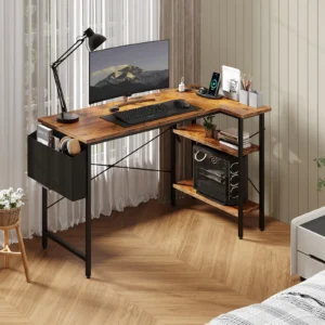 L Shaped Corner Gaming Desk Computer Desk with Power Strip Storage Shelves Side Hanging Fabric Organizer for Office